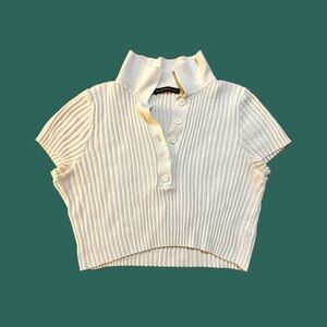 Brandy Melville White, Ribbed, Short Sleeved Cropped Polo Top